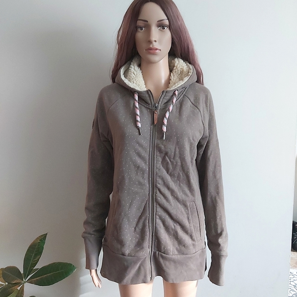 Mazine women's taupe tan green hoodie hooded sweatshirt  zip up polkadots